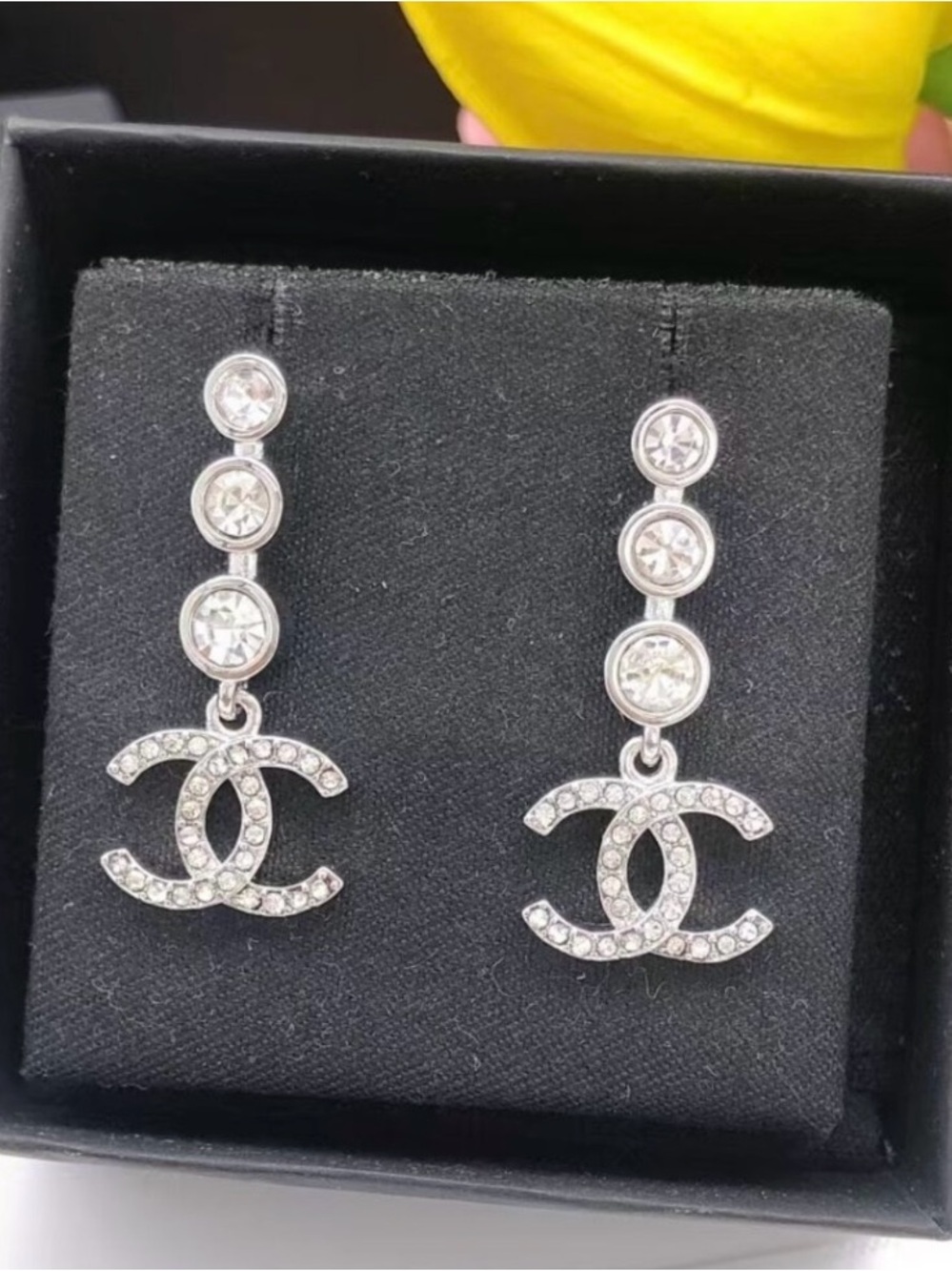 ChaneI Silver-Tone Strass Crystal Embellished Logo Dangle Earrings